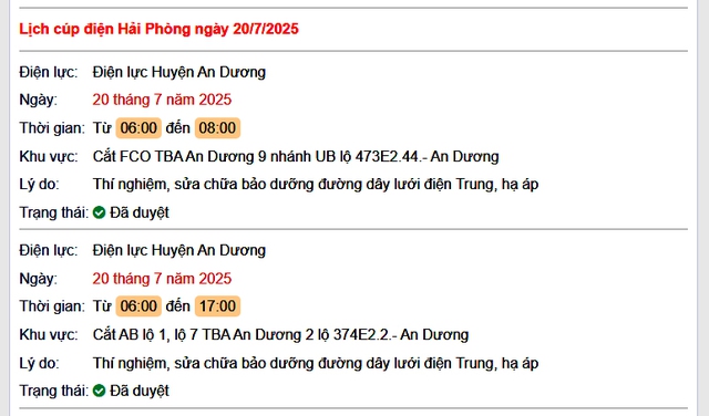 Tra cứu lịch cắt điện Hải Phòng hôm nay Chủ Nhật ngày 20/7/2025- Ảnh 1. Tra cứu lịch cắt điện Hải Phòng hôm nay Chủ Nhật ngày 20/7/2025- Ảnh 1.