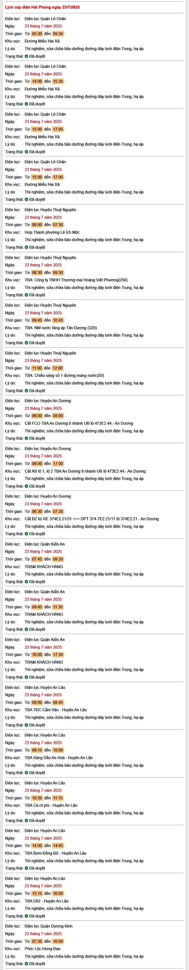 Tra cứu lịch cắt điện Hải Phòng hôm nay Thứ 4 ngày 23/7/2025- Ảnh 1.