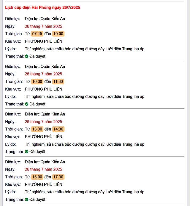 Tra cứu lịch cắt điện Hải Phòng hôm nay Thứ 7 ngày 26/7/2025- Ảnh 1. Tra cứu lịch cắt điện Hải Phòng hôm nay Thứ 7 ngày 26/7/2025- Ảnh 1.