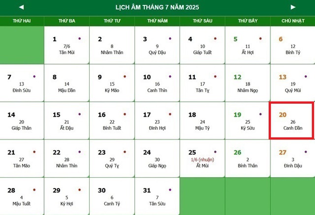 Lịch âm 20/7 - Âm lịch hôm nay 20/7 - Lịch vạn niên ngày 20/7/2025- Ảnh 1.