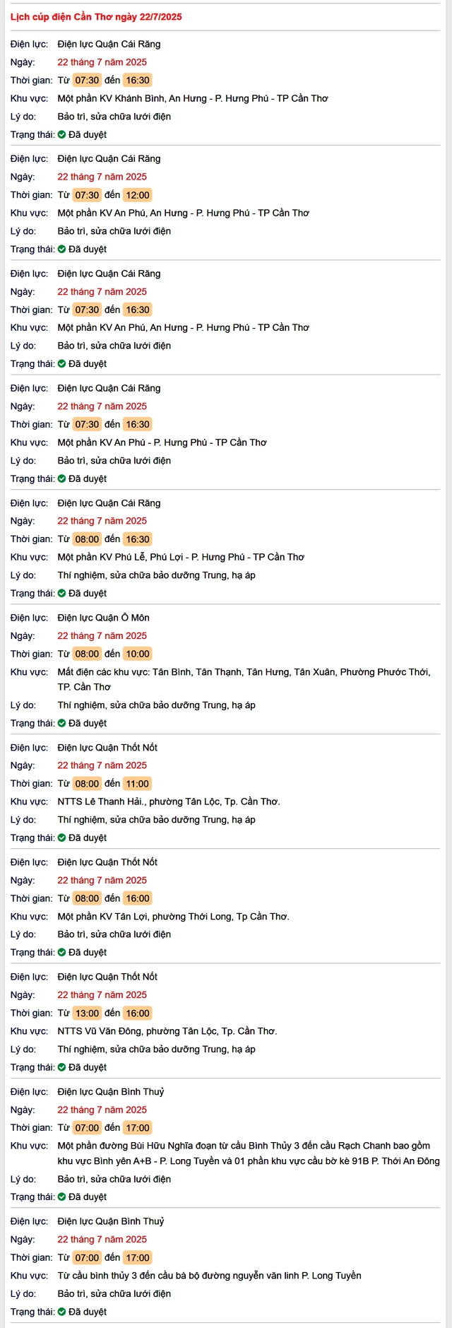 Tra cứu lịch cúp điện hôm nay Thứ 3 ngày 22/7/2025 tại Cần Thơ- Ảnh 1. Tra cứu lịch cúp điện hôm nay Thứ 3 ngày 22/7/2025 tại Cần Thơ- Ảnh 1.