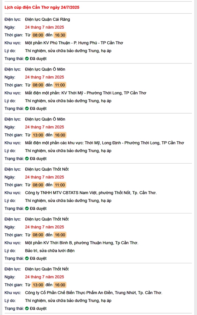 Tra cứu lịch cúp điện hôm nay Thứ 5 ngày 24/7/2025 tại Cần Thơ- Ảnh 1.