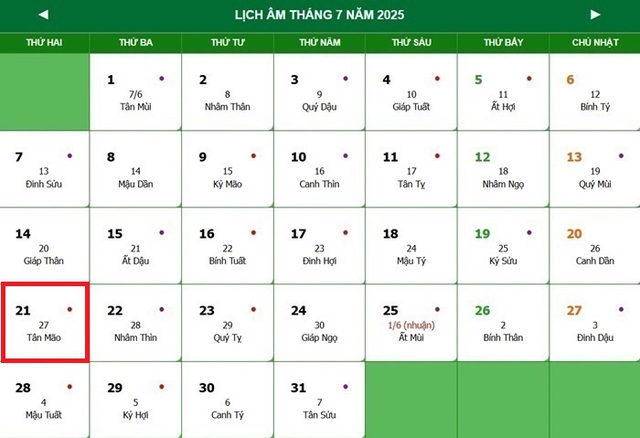 Lịch âm 21/7 - Âm lịch hôm nay 21/7 - Lịch vạn niên ngày 21/7/2025- Ảnh 1.