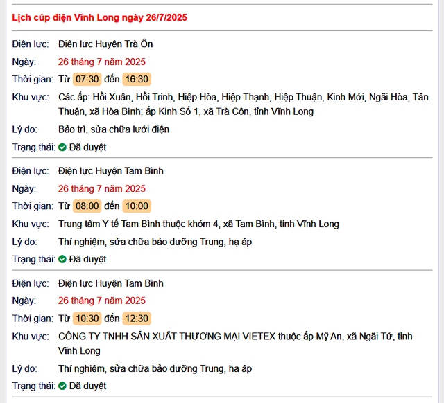 Tra cứu lịch cúp điện hôm nay Thứ 7 ngày 26/7/2025 tại Vĩnh Long- Ảnh 1. Tra cứu lịch cúp điện hôm nay Thứ 7 ngày 26/7/2025 tại Vĩnh Long- Ảnh 1.