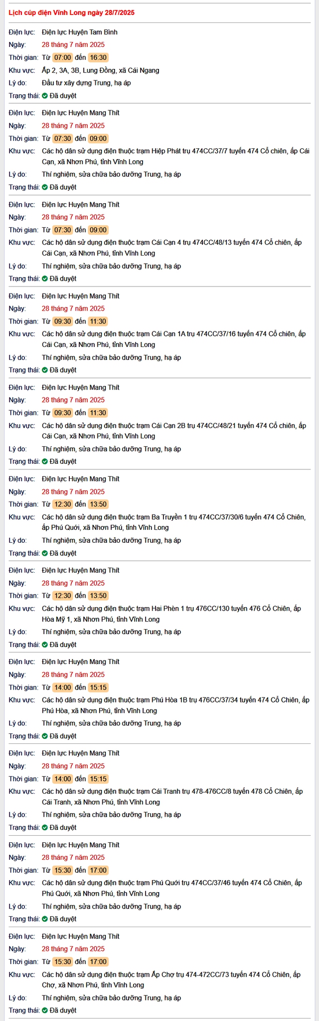 Tra cứu lịch cúp điện hôm nay Thứ 2 ngày 28/7/2025 tại Vĩnh Long- Ảnh 1. Tra cứu lịch cúp điện hôm nay Thứ 2 ngày 28/7/2025 tại Vĩnh Long- Ảnh 1.