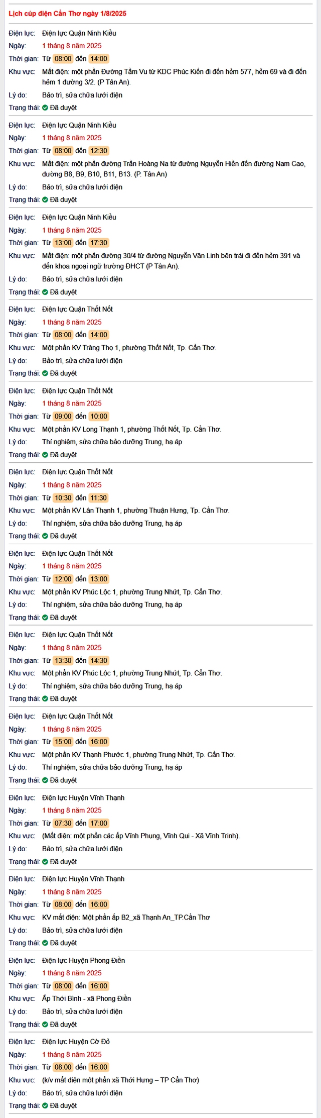 Tra cứu lịch cúp điện hôm nay Thứ 6 ngày 1/8/2025 tại Cần Thơ- Ảnh 1. Tra cứu lịch cúp điện hôm nay Thứ 6 ngày 1/8/2025 tại Cần Thơ- Ảnh 1.