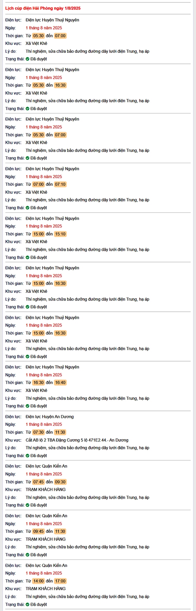Tra cứu lịch cắt điện Hải Phòng hôm nay Thứ 6 ngày 1/8/2025- Ảnh 1. Tra cứu lịch cắt điện Hải Phòng hôm nay Thứ 6 ngày 1/8/2025- Ảnh 1.
