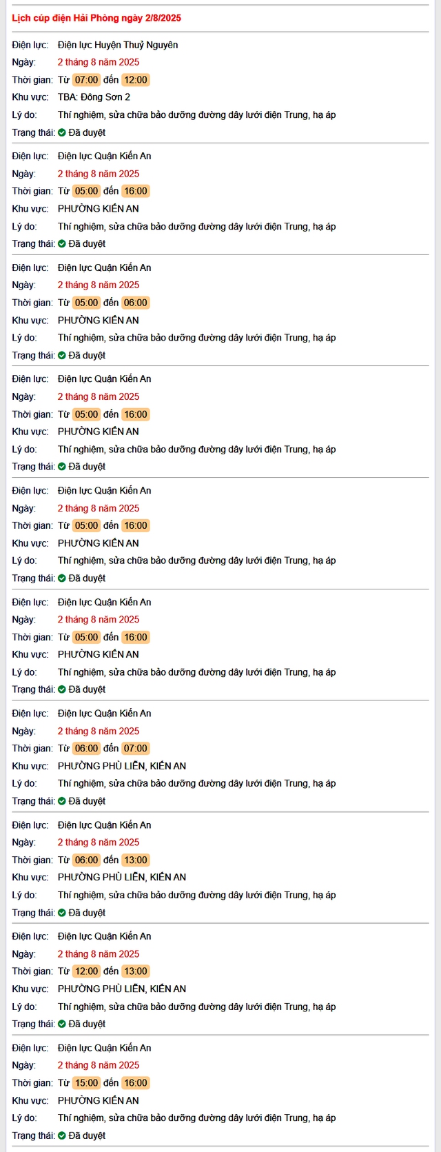 Tra cứu lịch cắt điện Hải Phòng hôm nay Thứ 7 ngày 2/8/2025- Ảnh 1.