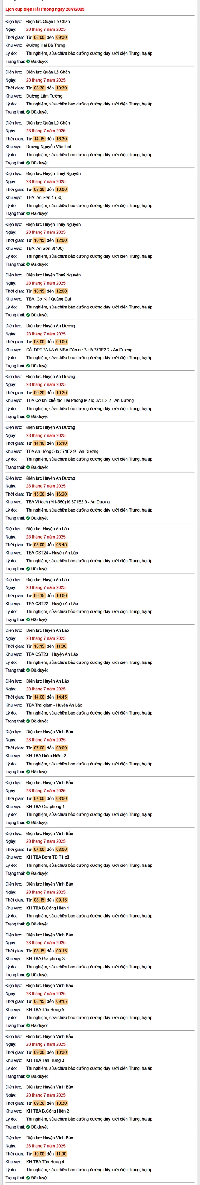 Tra cứu lịch cắt điện Hải Phòng hôm nay Thứ 2 ngày 28/7/2025- Ảnh 1. Tra cứu lịch cắt điện Hải Phòng hôm nay Thứ 2 ngày 28/7/2025- Ảnh 1.