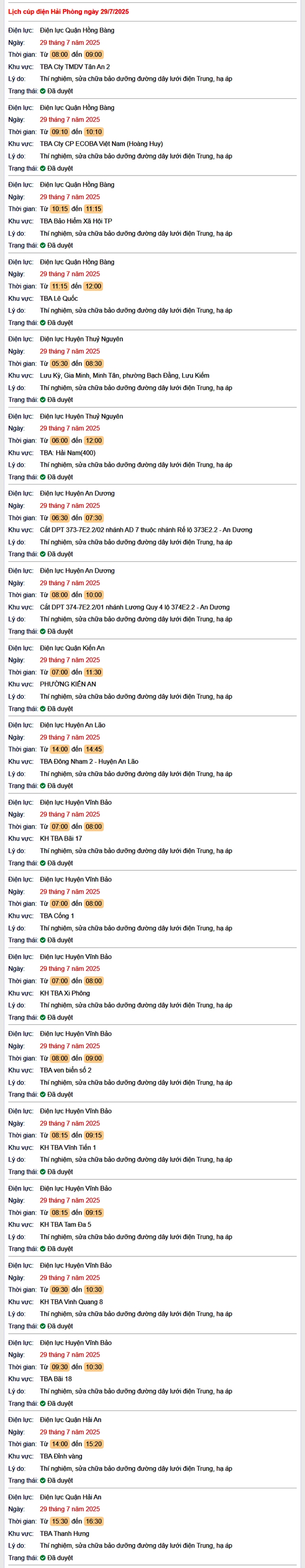 Tra cứu lịch cắt điện Hải Phòng hôm nay Thứ 3 ngày 29/7/2025- Ảnh 1. Tra cứu lịch cắt điện Hải Phòng hôm nay Thứ 3 ngày 29/7/2025- Ảnh 1.