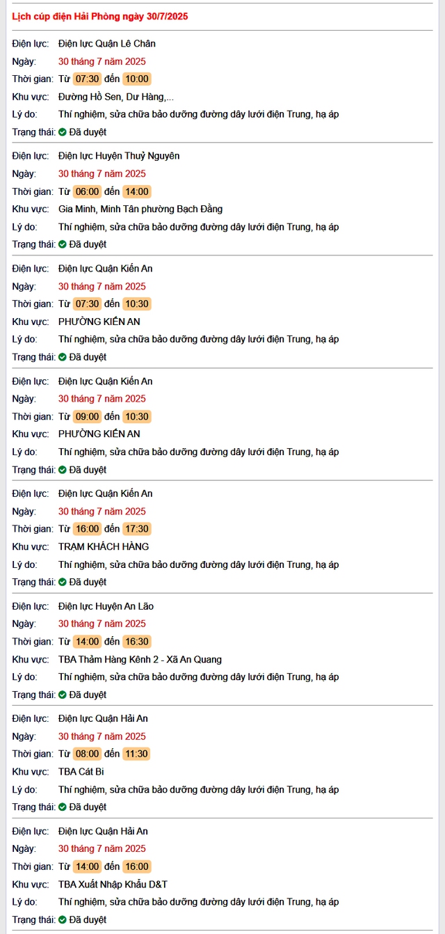 Tra cứu lịch cắt điện Hải Phòng hôm nay Thứ 4 ngày 30/7/2025- Ảnh 1. Tra cứu lịch cắt điện Hải Phòng hôm nay Thứ 4 ngày 30/7/2025- Ảnh 1.