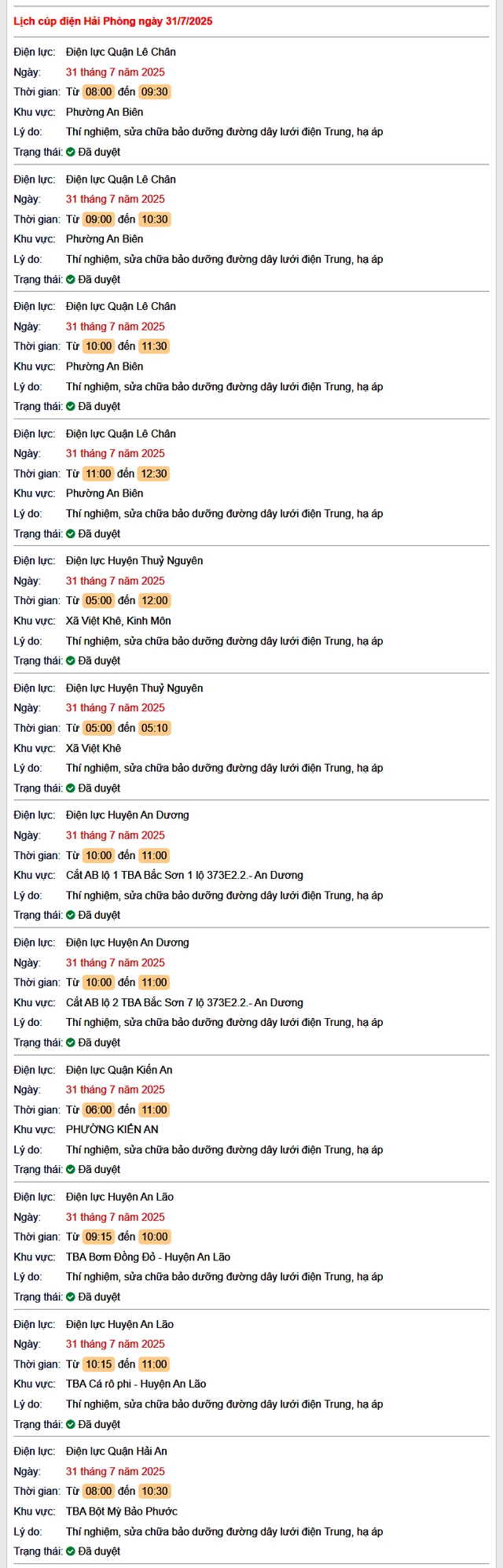 Tra cứu lịch cắt điện Hải Phòng hôm nay Thứ 5 ngày 31/7/2025- Ảnh 1. Tra cứu lịch cắt điện Hải Phòng hôm nay Thứ 5 ngày 31/7/2025- Ảnh 1.
