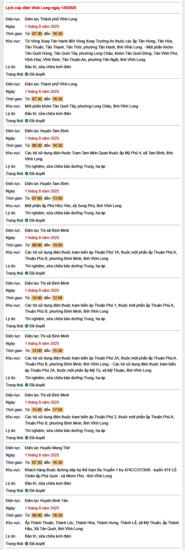 Tra cứu lịch cúp điện hôm nay Thứ 6 ngày 1/8/2025 tại Vĩnh Long- Ảnh 1. Tra cứu lịch cúp điện hôm nay Thứ 6 ngày 1/8/2025 tại Vĩnh Long- Ảnh 1.