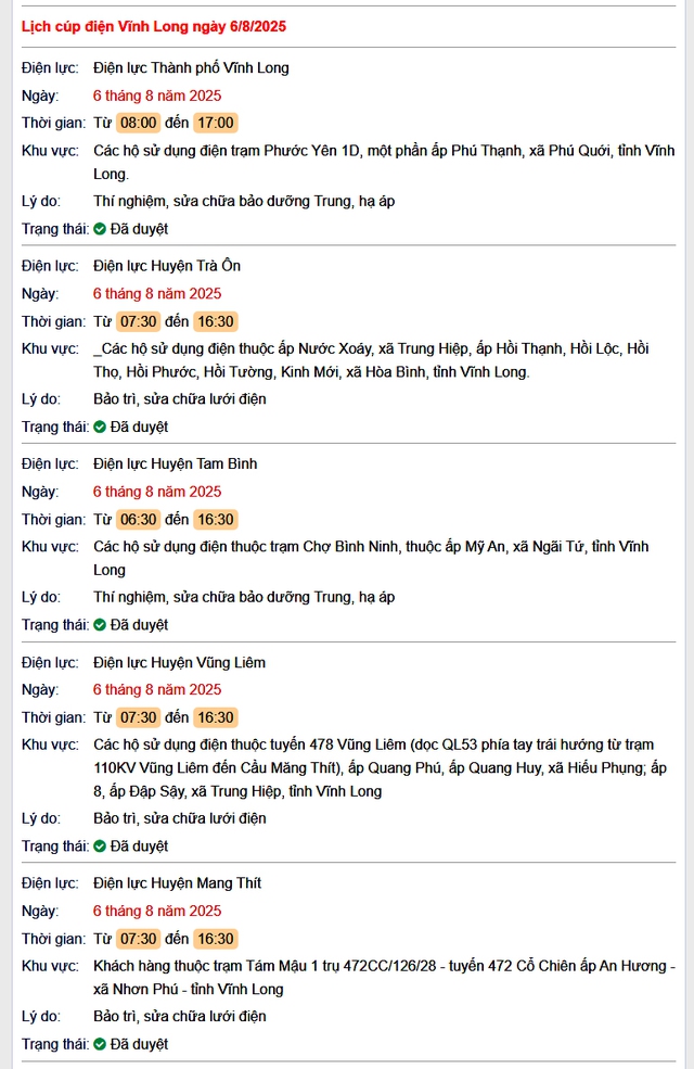 Tra cứu lịch cúp điện hôm nay Thứ 4 ngày 6/8/2025 tại Vĩnh Long- Ảnh 1.