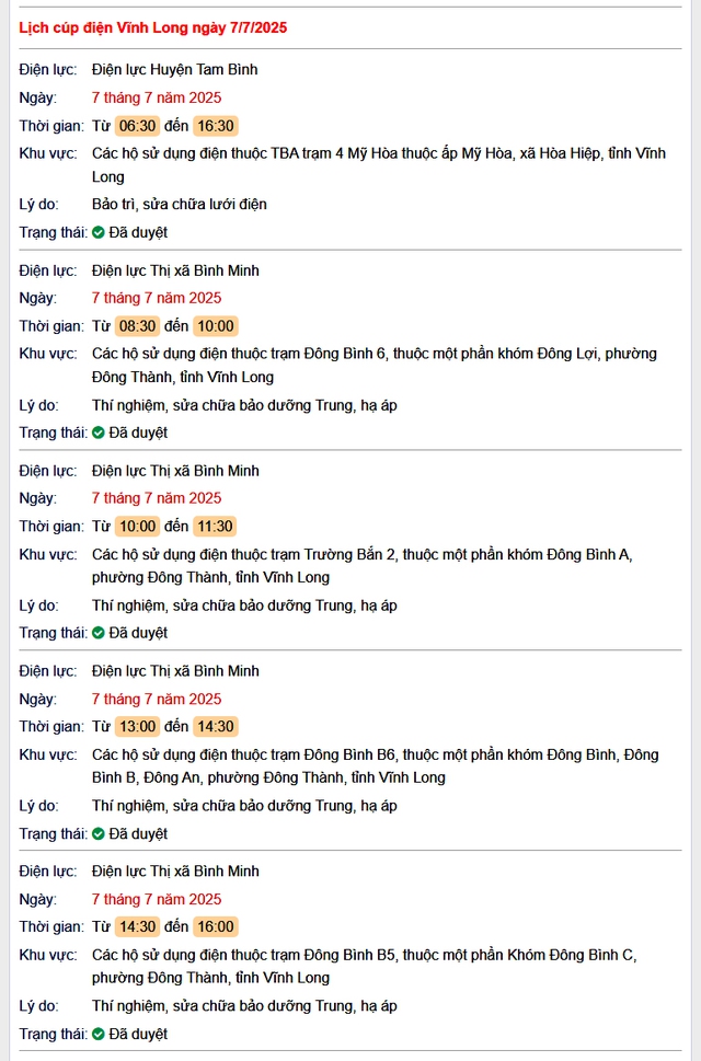 Tra cứu lịch cúp điện hôm nay Thứ 2 ngày 7/7/2025 tại Vĩnh Long- Ảnh 1. Tra cứu lịch cúp điện hôm nay Thứ 2 ngày 7/7/2025 tại Vĩnh Long- Ảnh 1.
