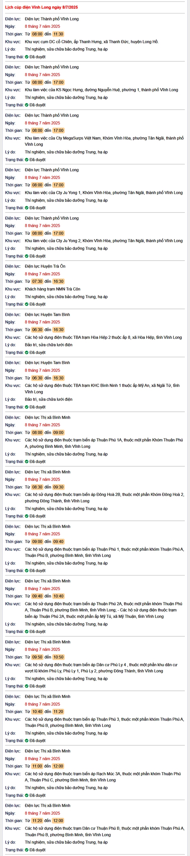 Tra cứu lịch cúp điện hôm nay Thứ 3 ngày 8/7/2025 tại Vĩnh Long- Ảnh 1. Tra cứu lịch cúp điện hôm nay Thứ 3 ngày 8/7/2025 tại Vĩnh Long- Ảnh 1.