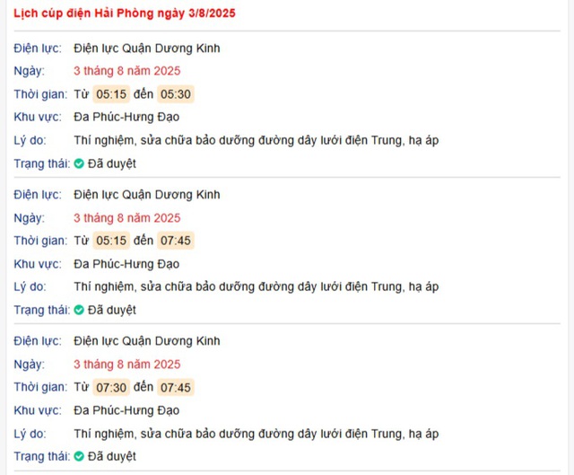 Tra cứu lịch cắt điện Hải Phòng hôm nay Chủ Nhật ngày 3/8/2025- Ảnh 1. Tra cứu lịch cắt điện Hải Phòng hôm nay Chủ Nhật ngày 3/8/2025- Ảnh 1.