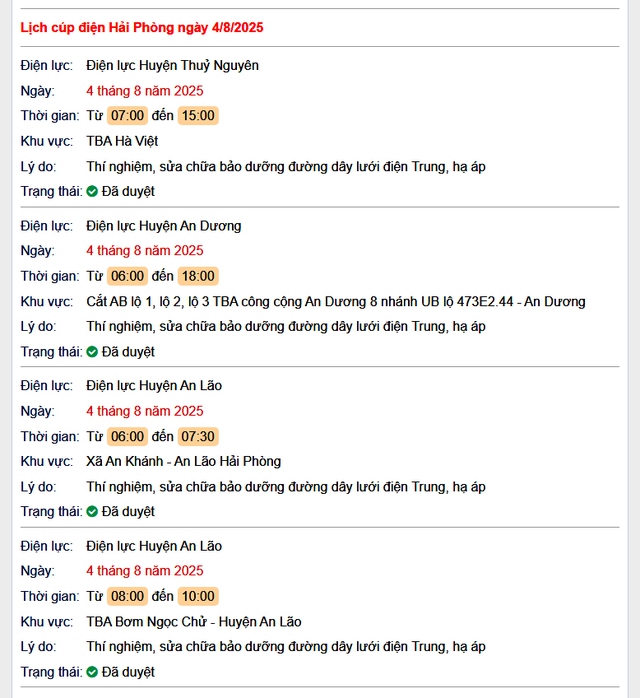 Tra cứu lịch cắt điện Hải Phòng hôm nay Thứ 2 ngày 4/8/2025- Ảnh 1.