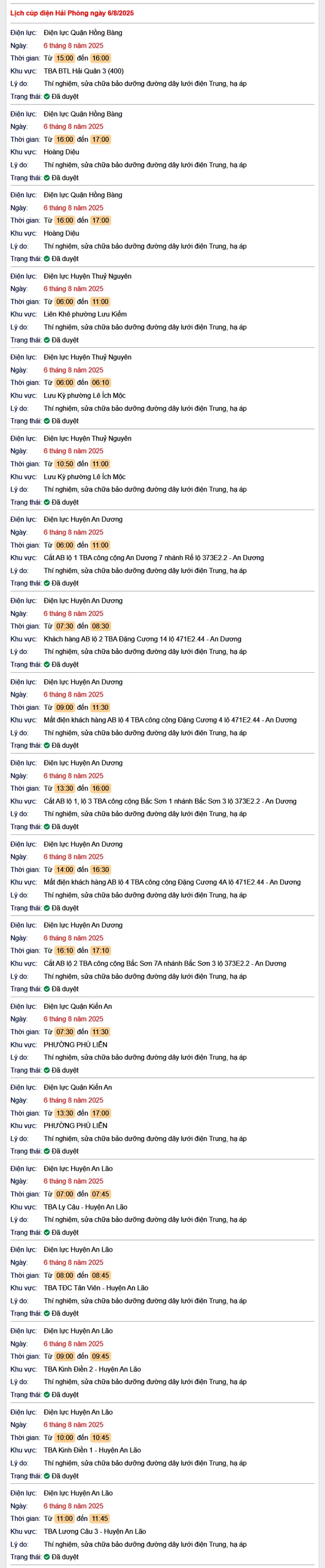 Tra cứu lịch cắt điện Hải Phòng hôm nay Thứ 4 ngày 6/8/2025- Ảnh 1.