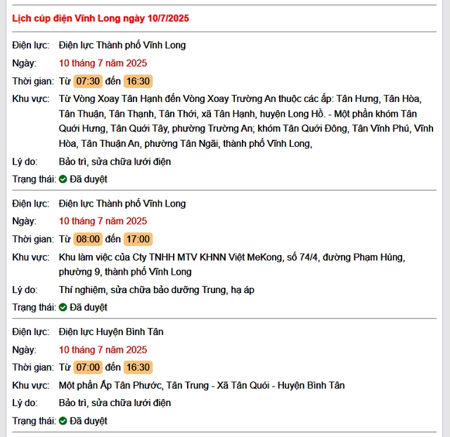 Tra cứu lịch cúp điện hôm nay Thứ 5 ngày 10/7/2025 tại Vĩnh Long- Ảnh 1. Tra cứu lịch cúp điện hôm nay Thứ 5 ngày 10/7/2025 tại Vĩnh Long- Ảnh 1.