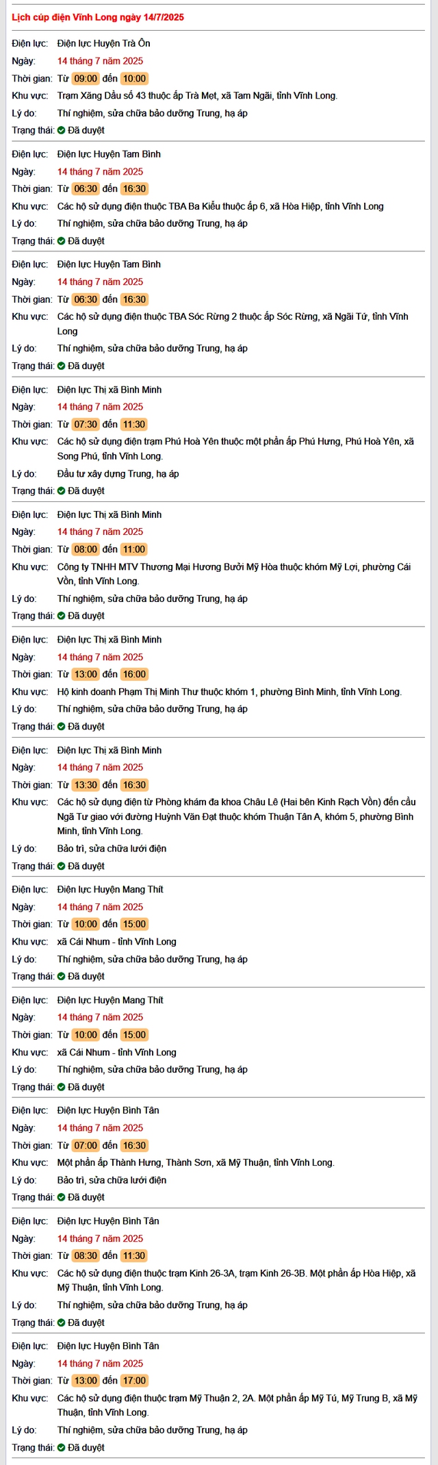 Tra cứu lịch cúp điện hôm nay Thứ 2 ngày 14/7/2025 tại Vĩnh Long- Ảnh 1. Tra cứu lịch cúp điện hôm nay Thứ 2 ngày 14/7/2025 tại Vĩnh Long- Ảnh 1.