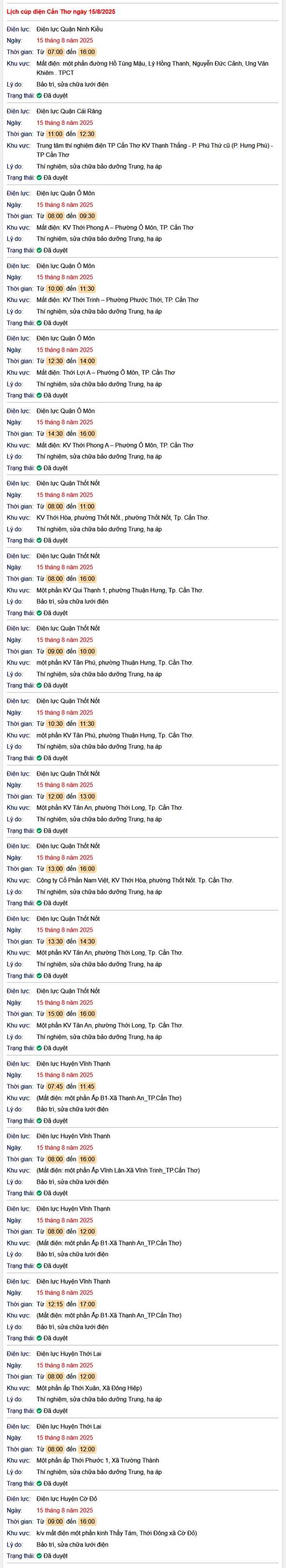 Tra cứu lịch cúp điện hôm nay Thứ 6 ngày 15/8/2025 tại Cần Thơ- Ảnh 1. Tra cứu lịch cúp điện hôm nay Thứ 6 ngày 15/8/2025 tại Cần Thơ- Ảnh 1.