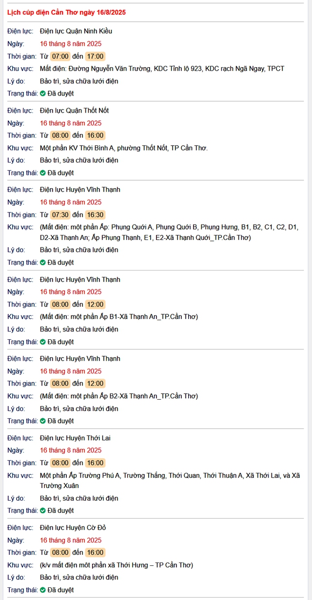 Tra cứu lịch cúp điện hôm nay Thứ 7 ngày 16/8/2025 tại Cần Thơ- Ảnh 1. Tra cứu lịch cúp điện hôm nay Thứ 7 ngày 16/8/2025 tại Cần Thơ- Ảnh 1.