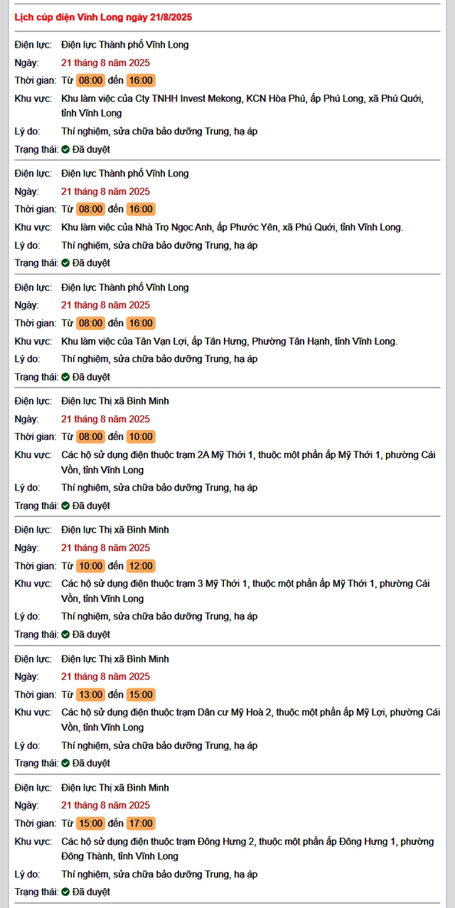 Tra cứu lịch cúp điện hôm nay Thứ 5 ngày 21/8/2025 tại Vĩnh Long- Ảnh 1.