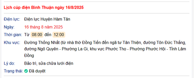 Tra cứu lịch cúp điện Bình Thuận hôm nay Thứ 7 ngày 16/8/2025- Ảnh 1.
