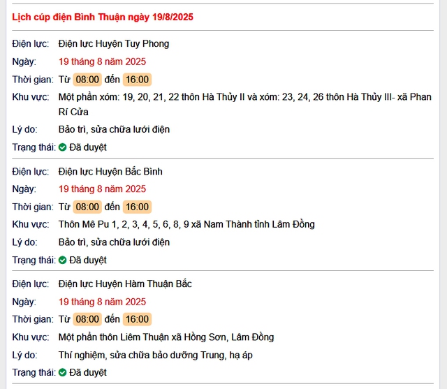 Tra cứu lịch cúp điện hôm nay Thứ 3 ngày 19/8/2025 tại Bình Thuận- Ảnh 1.
