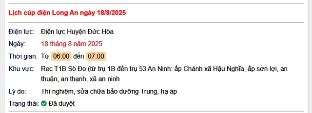 Tra cứu lịch cúp điện hôm nay Thứ 2 ngày 18/8/2025 tại Long An- Ảnh 1. Tra cứu lịch cúp điện hôm nay Thứ 2 ngày 18/8/2025 tại Long An- Ảnh 1.