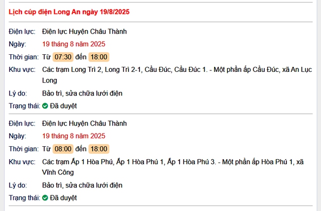 Tra cứu lịch cúp điện hôm nay Thứ 3 ngày 19/8/2025 tại Long An- Ảnh 1. Tra cứu lịch cúp điện hôm nay Thứ 3 ngày 19/8/2025 tại Long An- Ảnh 1.