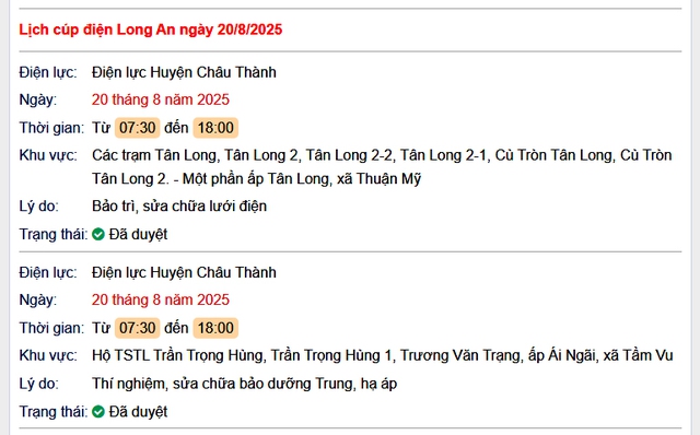 Tra cứu lịch cúp điện hôm nay Thứ 4 ngày 20/8/2025 tại Long An- Ảnh 1. Tra cứu lịch cúp điện hôm nay Thứ 4 ngày 20/8/2025 tại Long An- Ảnh 1.