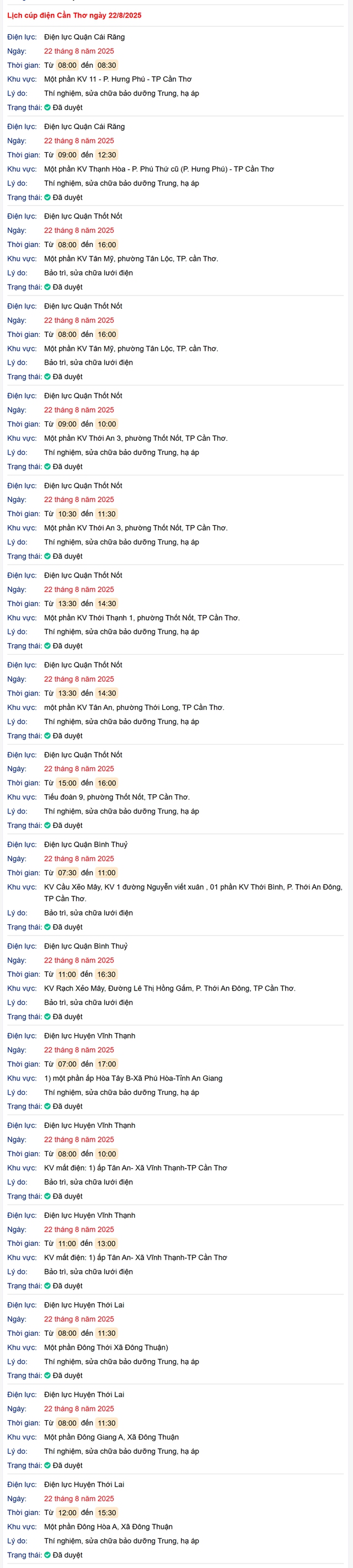 Tra cứu lịch cúp điện hôm nay Thứ 6 ngày 22/8/2025 tại Cần Thơ- Ảnh 1.