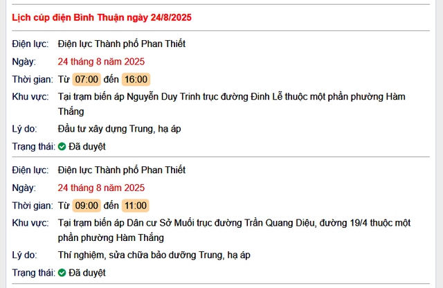 Tra cứu lịch cúp điện Bình Thuận hôm nay Chủ Nhật ngày 24/8/2025- Ảnh 1. Tra cứu lịch cúp điện Bình Thuận hôm nay Chủ Nhật ngày 24/8/2025- Ảnh 1.