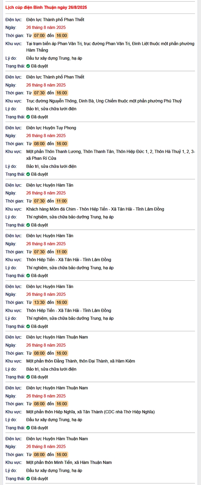 Tra cứu lịch cúp điện hôm nay Thứ 3 ngày 26/8/2025 tại Bình Thuận- Ảnh 1.
