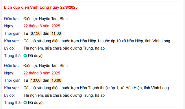 Tra cứu lịch cúp điện hôm nay Thứ 6 ngày 22/8/2025 tại Vĩnh Long- Ảnh 1. Tra cứu lịch cúp điện hôm nay Thứ 6 ngày 22/8/2025 tại Vĩnh Long- Ảnh 1.