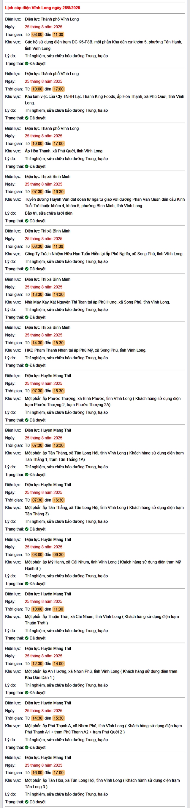 Tra cứu lịch cúp điện hôm nay Thứ 2 ngày 25/8/2025 tại Vĩnh Long- Ảnh 1. Tra cứu lịch cúp điện hôm nay Thứ 2 ngày 25/8/2025 tại Vĩnh Long- Ảnh 1.