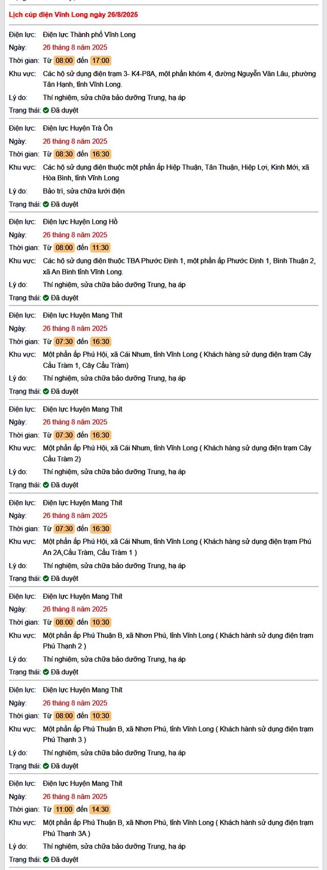 Tra cứu lịch cúp điện hôm nay Thứ 3 ngày 26/8/2025 tại Vĩnh Long- Ảnh 1. Tra cứu lịch cúp điện hôm nay Thứ 3 ngày 26/8/2025 tại Vĩnh Long- Ảnh 1.