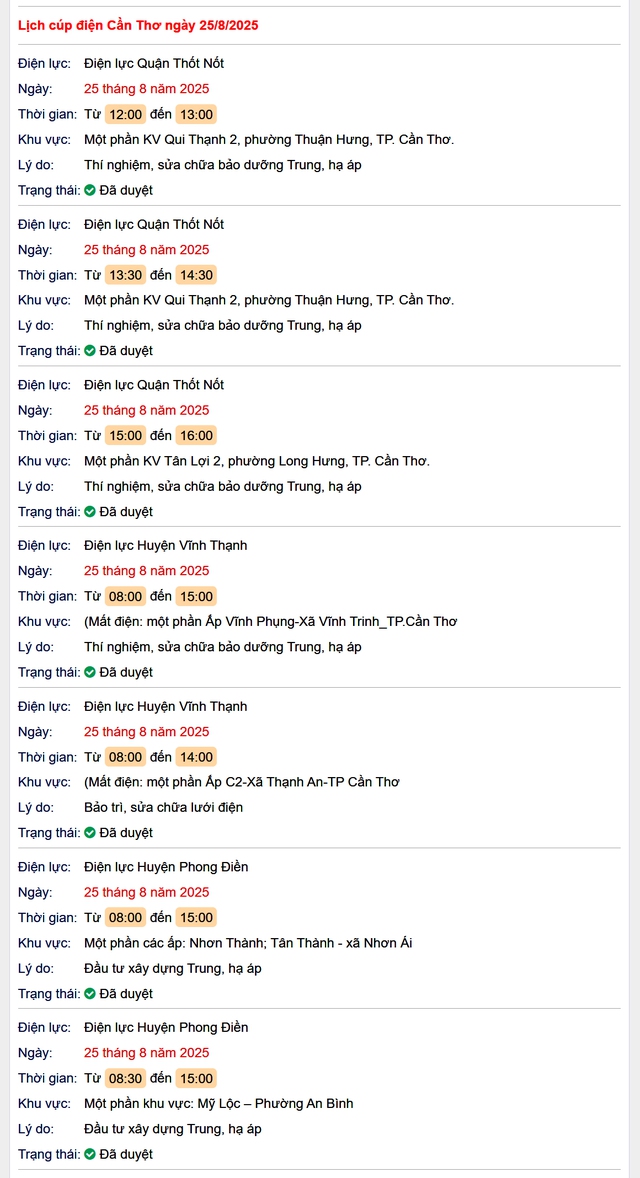 Tra cứu lịch cúp điện hôm nay Thứ 2 ngày 25/8/2025 tại Cần Thơ- Ảnh 1. Tra cứu lịch cúp điện hôm nay Thứ 2 ngày 25/8/2025 tại Cần Thơ- Ảnh 1.