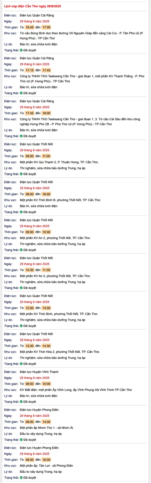 Tra cứu lịch cúp điện hôm nay Thứ 6 ngày 29/8/2025 tại Cần Thơ- Ảnh 1. Tra cứu lịch cúp điện hôm nay Thứ 6 ngày 29/8/2025 tại Cần Thơ- Ảnh 1.