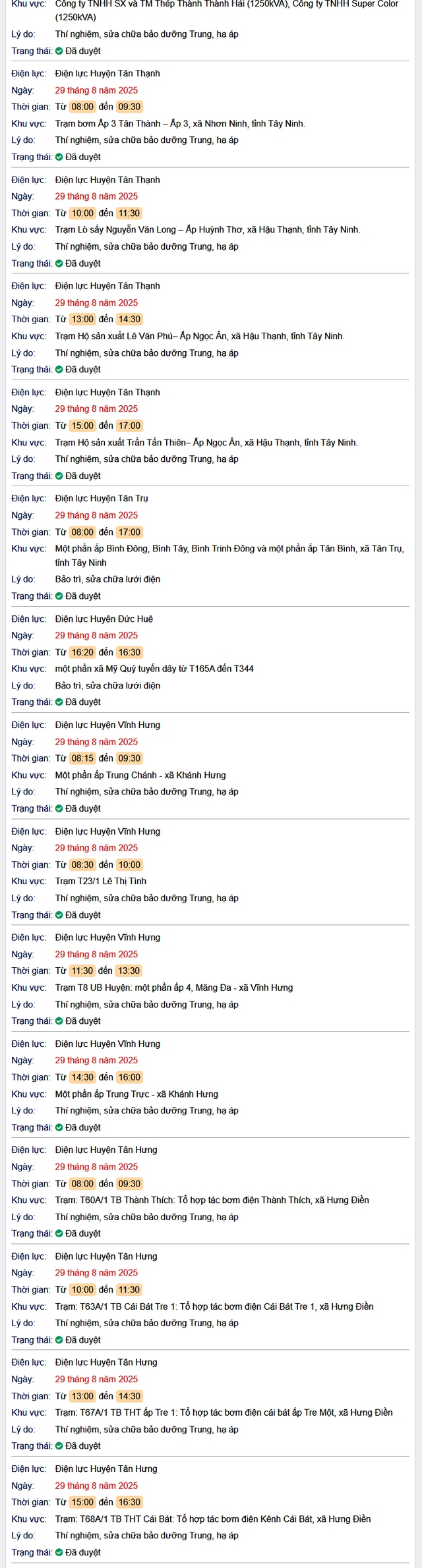Tra cứu lịch cúp điện hôm nay Thứ 6 ngày 29/8/2025 tại Long An- Ảnh 2. Tra cứu lịch cúp điện hôm nay Thứ 6 ngày 29/8/2025 tại Long An- Ảnh 2.