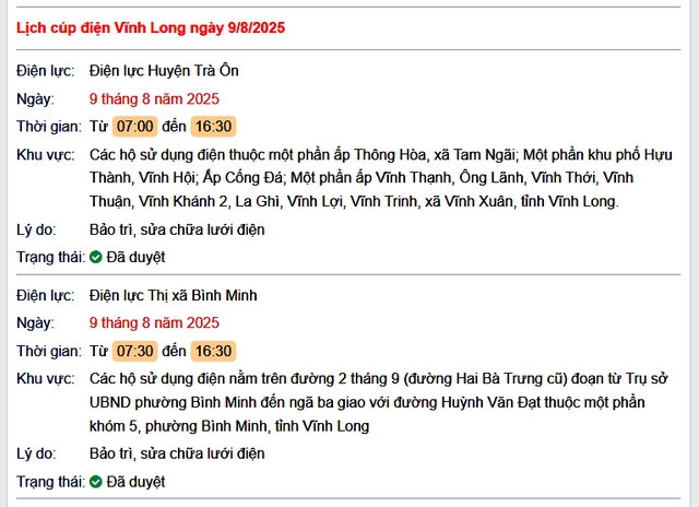 Tra cứu lịch cúp điện hôm nay Thứ 7 ngày 9/8/2025 tại Vĩnh Long- Ảnh 1.