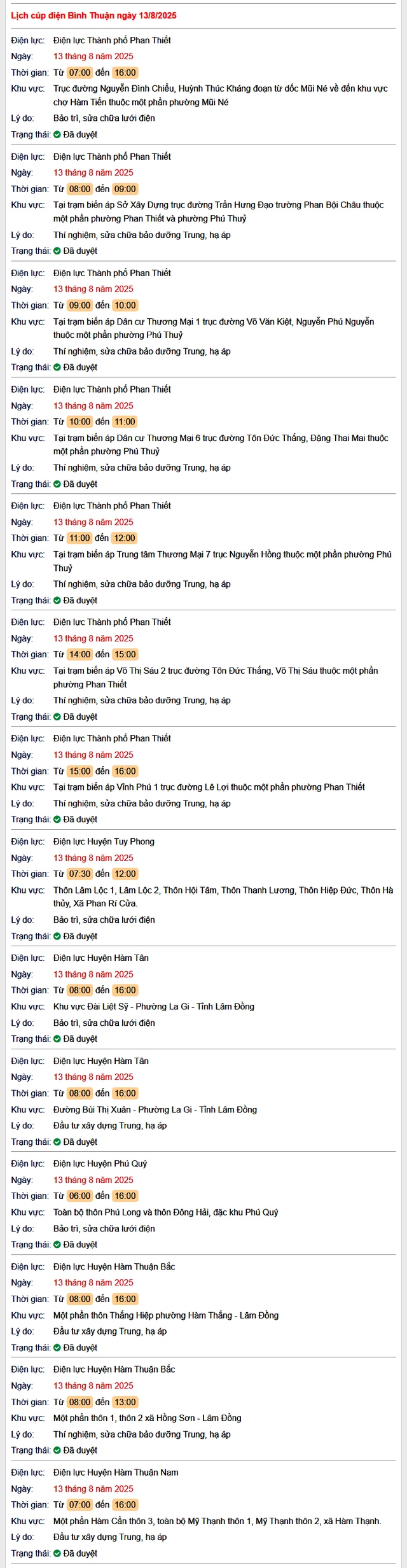 Tra cứu lịch cúp điện Bình Thuận hôm nay Thứ 4 ngày 13/8/2025 - Ảnh 1.