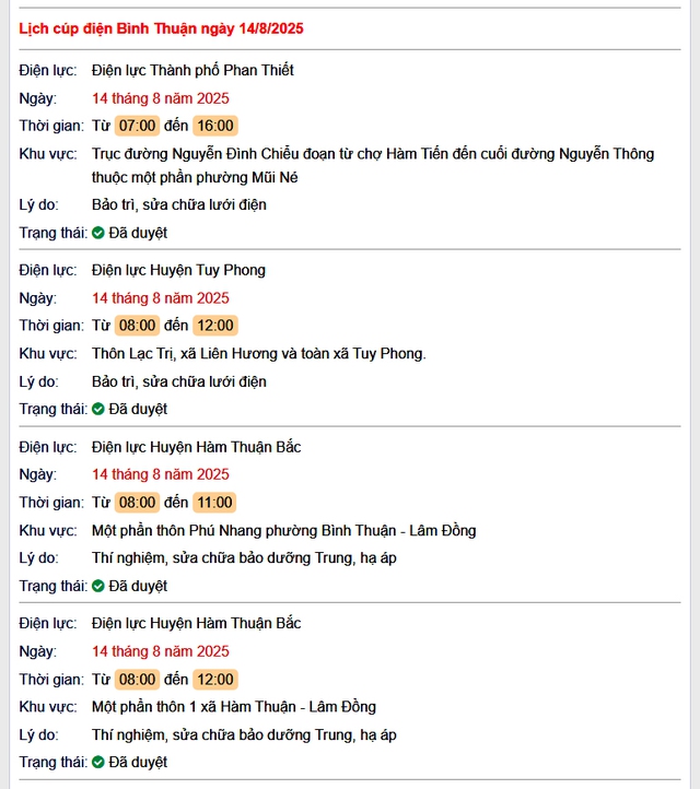 Tra cứu lịch cúp điện Bình Thuận hôm nay Thứ 5 ngày 14/8/2025- Ảnh 1.