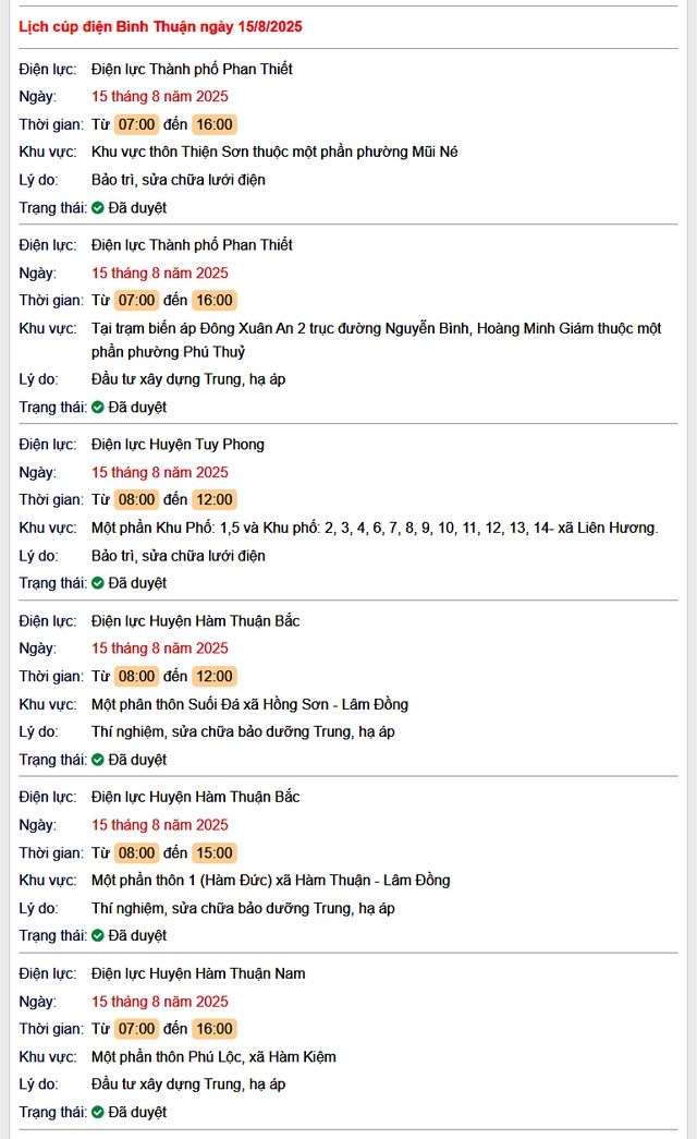 Tra cứu lịch cúp điện Bình Thuận hôm nay Thứ 6 ngày 15/8/2025- Ảnh 1. Tra cứu lịch cúp điện Bình Thuận hôm nay Thứ 6 ngày 15/8/2025- Ảnh 1.