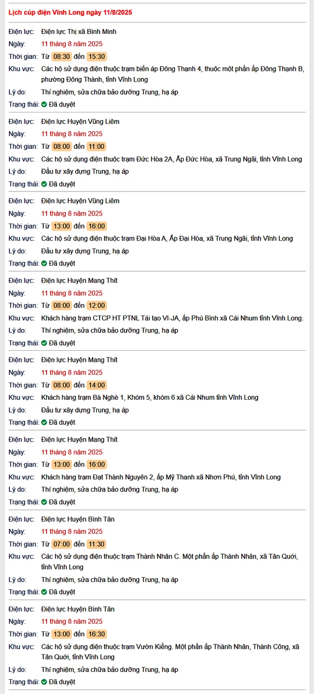 Tra cứu lịch cúp điện hôm nay Thứ 2 ngày 11/8/2025 tại Vĩnh Long- Ảnh 1. Tra cứu lịch cúp điện hôm nay Thứ 2 ngày 11/8/2025 tại Vĩnh Long- Ảnh 1.