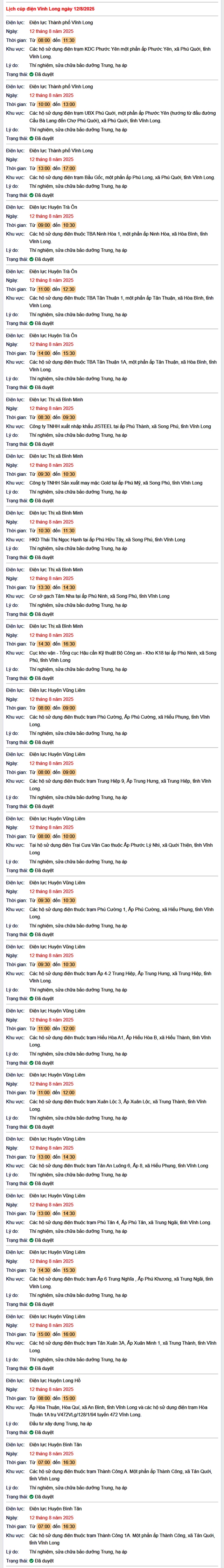 Tra cứu lịch cúp điện hôm nay Thứ 3 ngày 12/8/2025 tại Vĩnh Long- Ảnh 1.