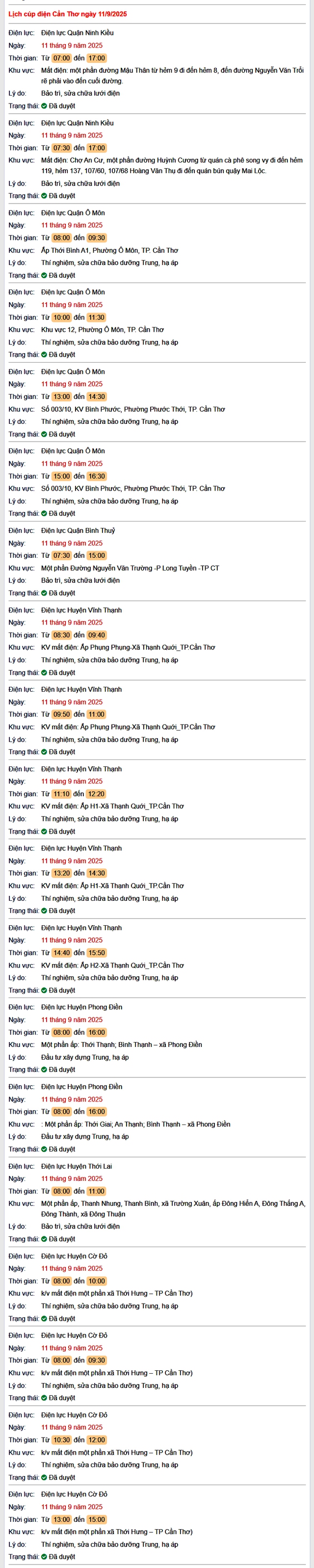 Tra cứu lịch cúp điện hôm nay Thứ 5 ngày 11/9/2025 tại Cần Thơ- Ảnh 1.