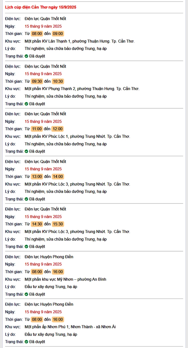 Tra cứu lịch cúp điện hôm nay Thứ 2 ngày 15/9/2025 tại Cần Thơ- Ảnh 1.